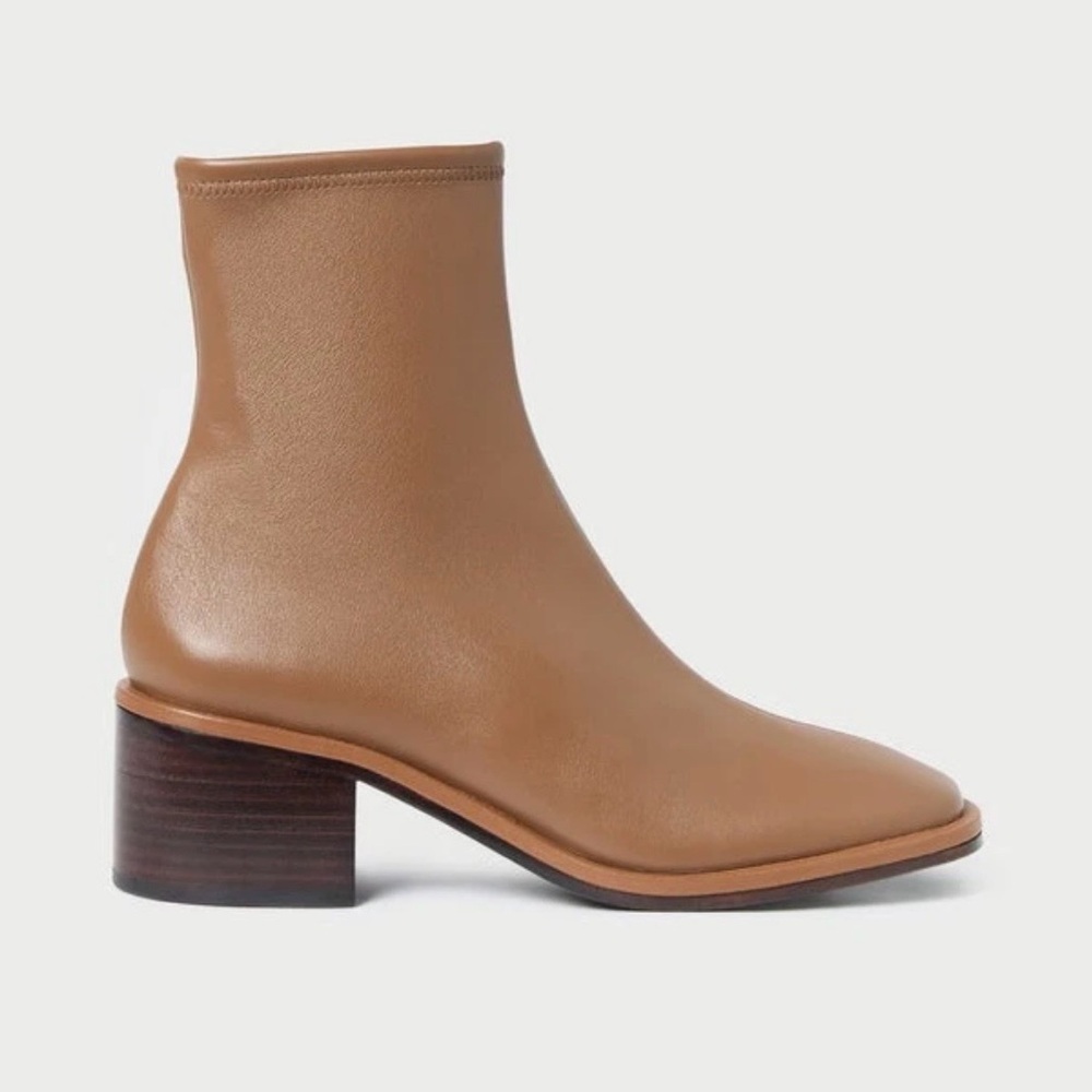 Loeffler Randall Roxy Stretch Leather Ankle Booties Brown Block Heel Zip 5.5